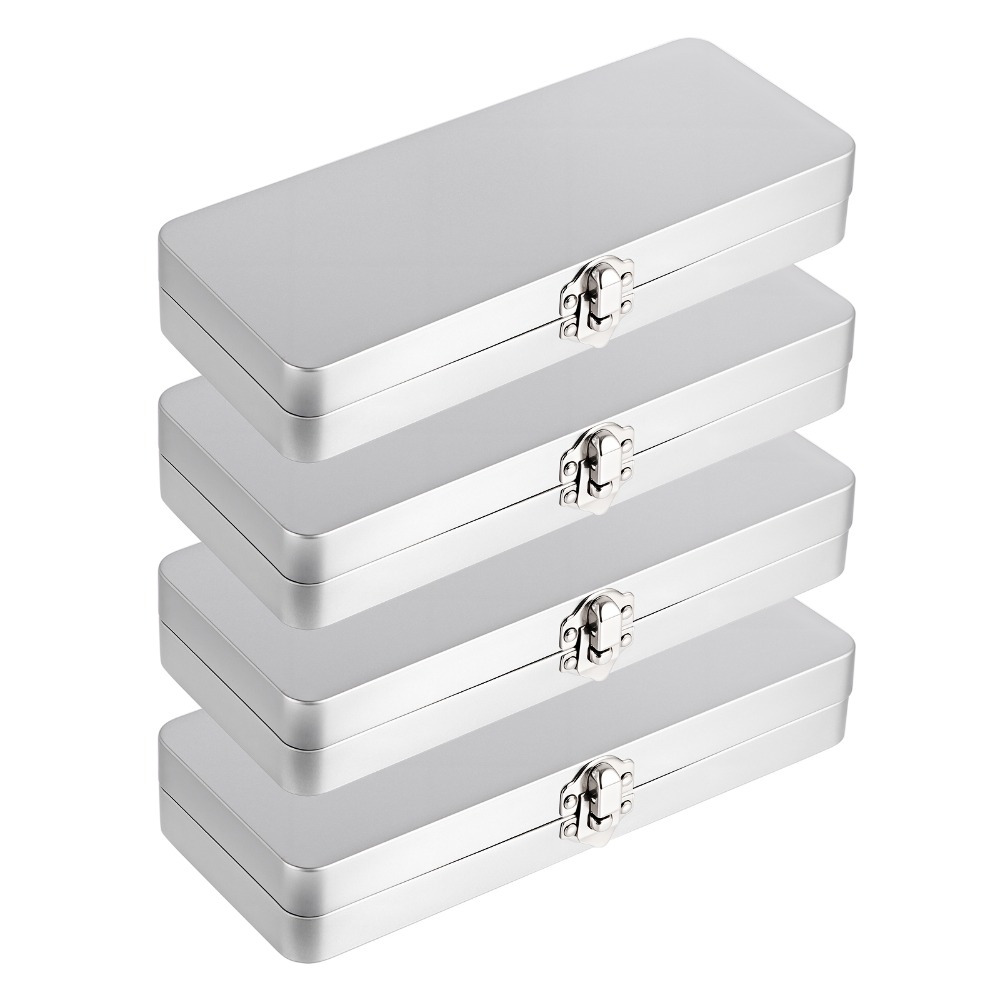 Set of 4 Rectangular Metal Tins, Silver Storage Boxes